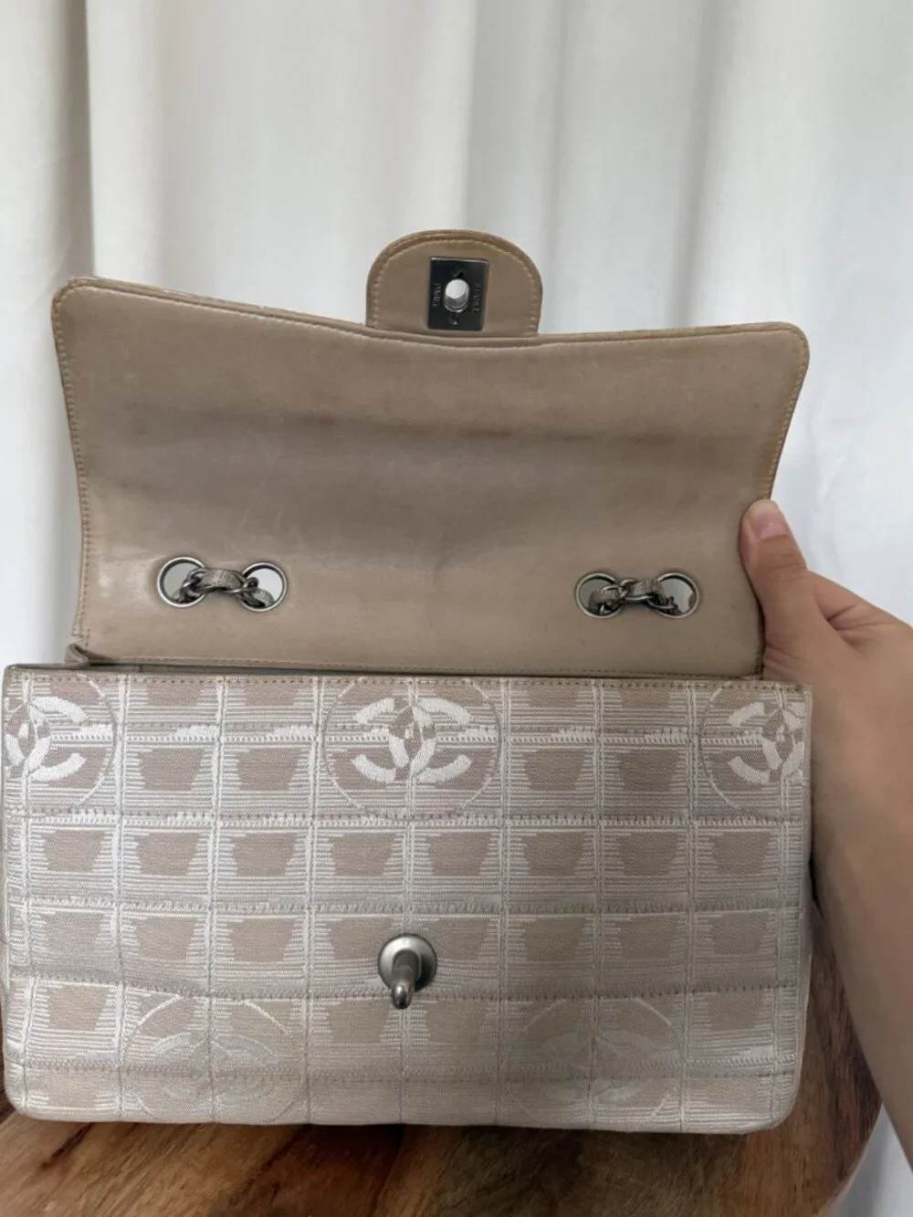 CHANEL Vintage 2003 Travel Line Flap Bag Beige White Silver Chain Medium + Box
